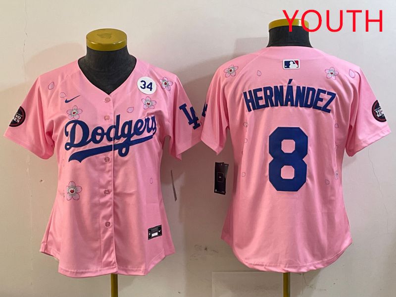 Youth Los Angeles Dodgers 8 Hernandez Pink Sakura Edition 2025 Nike MLB Jersey style 4